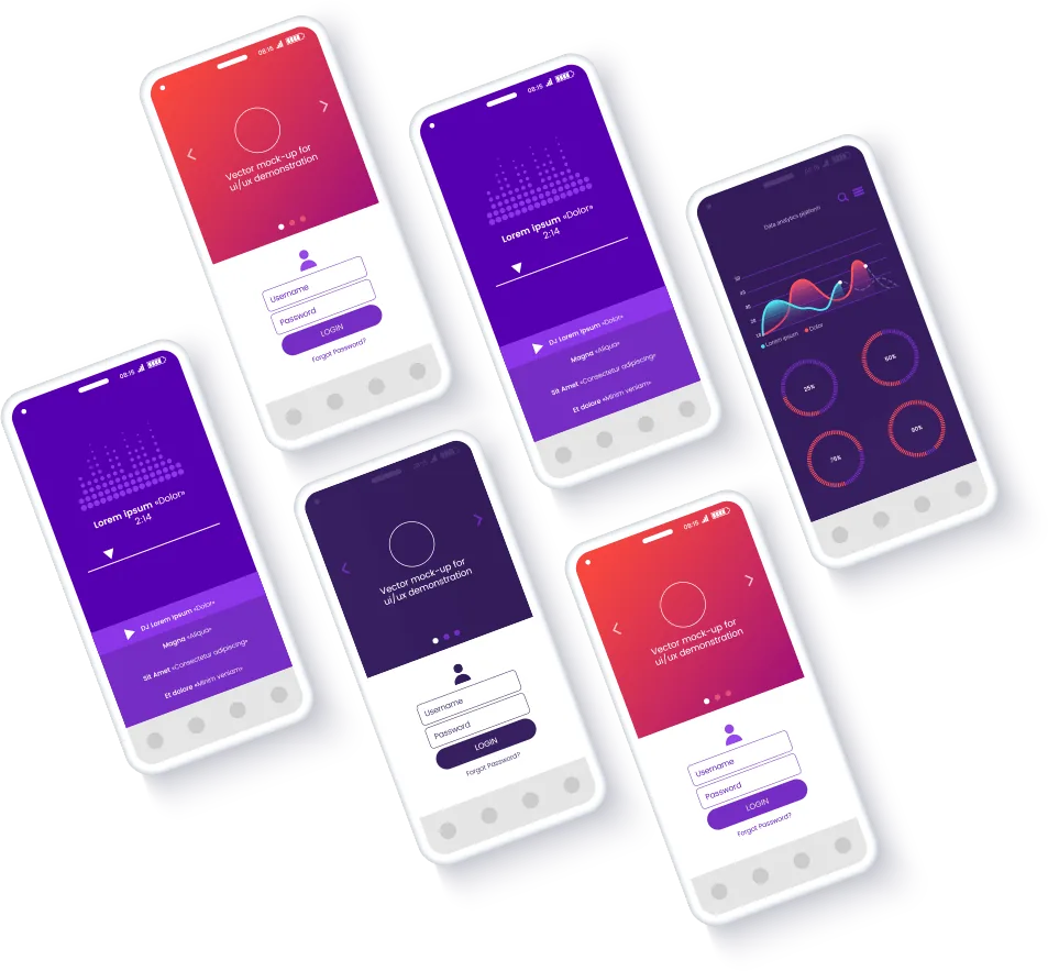 A collection of vibrant mobile interface screens